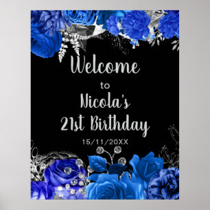 Elegant Blue and Silver Flowers Birthday Party Poster