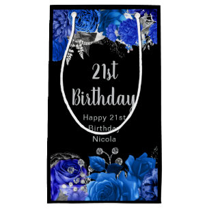 Elegant Blue and Silver Flowers Birthday Party Small Gift Bag