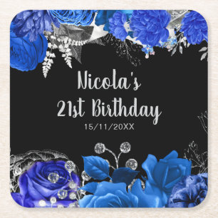 Elegant Blue and Silver Flowers Birthday Party Square Paper Coaster
