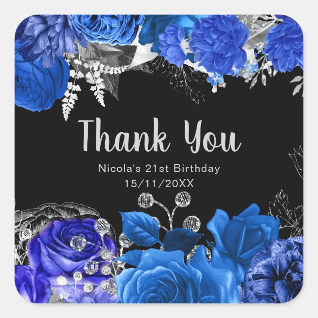 Elegant Blue and Silver Flowers Birthday Party Square Sticker (Front)
