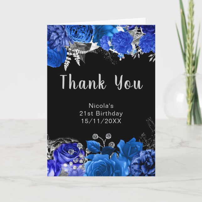 Elegant Blue and Silver Flowers Birthday Party Thank You Card (Front)