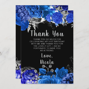 Elegant Blue and Silver Flowers Birthday Party Thank You Card