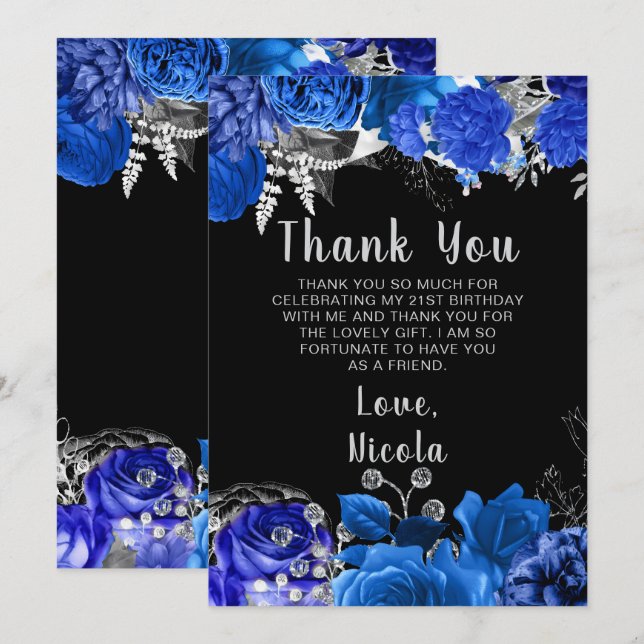 Elegant Blue and Silver Flowers Birthday Party Thank You Card (Front/Back)
