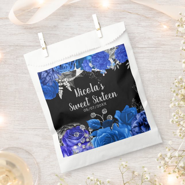 Elegant Blue and Silver Flowers Sweet Sixteen Favour Bags (Clipped)