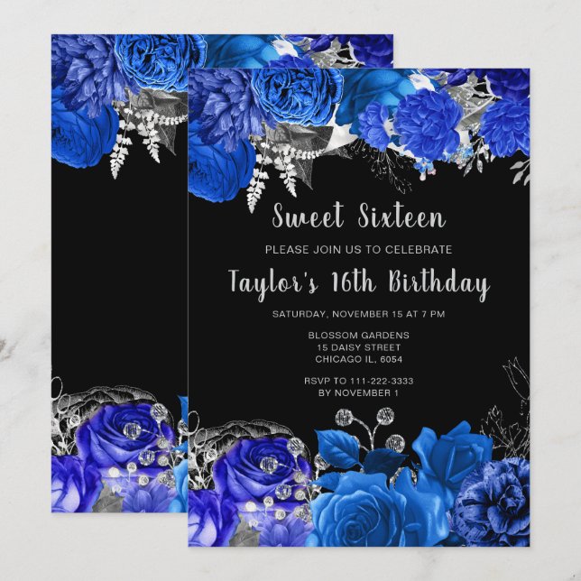 Elegant Blue and Silver Flowers Sweet Sixteen Invitation (Front/Back)