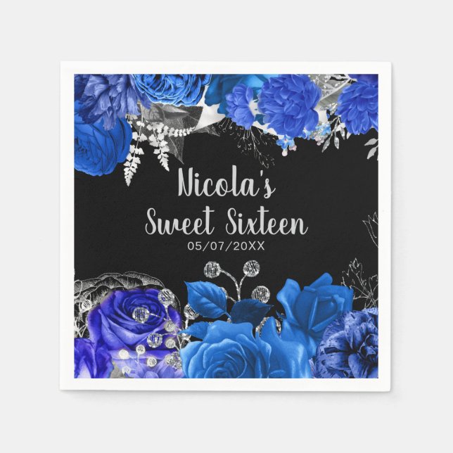 Elegant Blue and Silver Flowers Sweet Sixteen Napkin (Front)