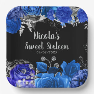 Elegant Blue and Silver Flowers Sweet Sixteen Paper Plate