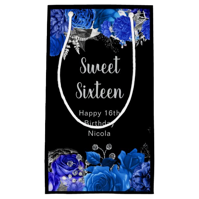 Elegant Blue and Silver Flowers Sweet Sixteen Small Gift Bag (Front)
