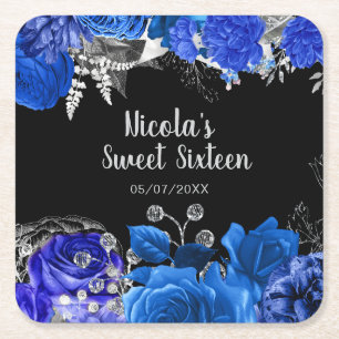 Elegant Blue and Silver Flowers Sweet Sixteen Square Paper Coaster