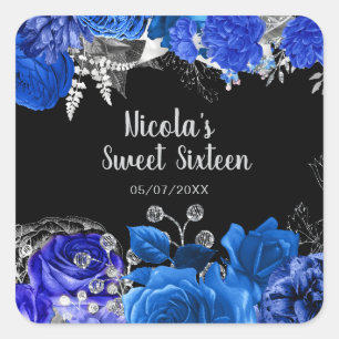Elegant Blue and Silver Flowers Sweet Sixteen Square Sticker