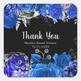 Elegant Blue and Silver Flowers Sweet Sixteen Square Sticker