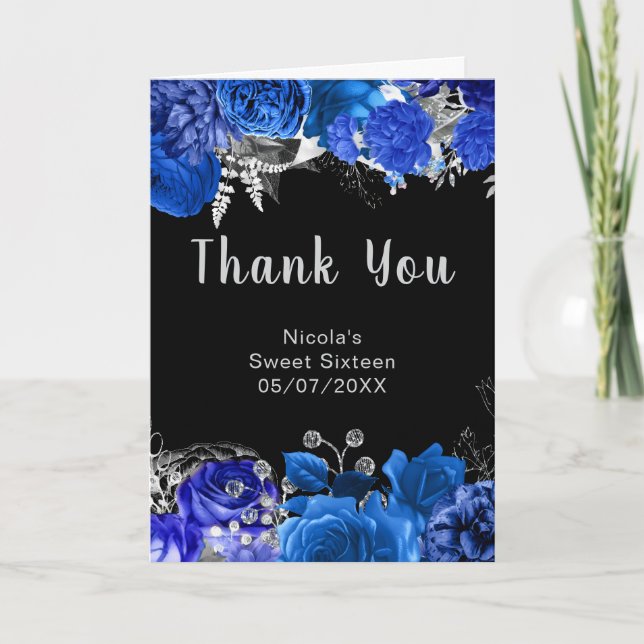 Elegant Blue and Silver Flowers Sweet Sixteen Thank You Card (Front)