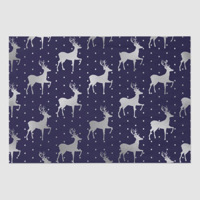 Elegant Blue and Silver Foil Reindeer Christmas Tissue Paper (Front)