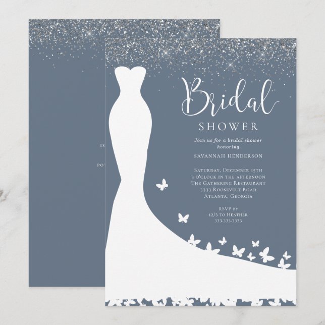 Elegant Blue and Silver Glitter Bridal Shower Invi Invitation (Front/Back)
