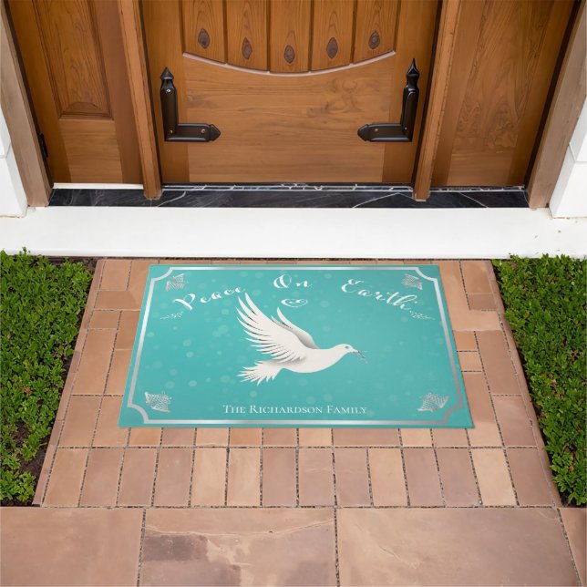 Elegant Blue and Silver 'Peace On Earth' Holiday  Doormat (Outdoor)