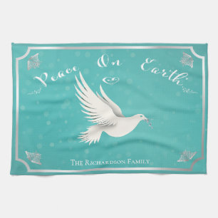 Elegant Blue and Silver 'Peace On Earth' Holiday  Tea Towel