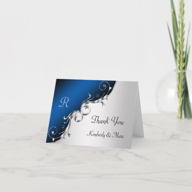 Elegant Blue and Silver Swirls Thank You Cards (Front)