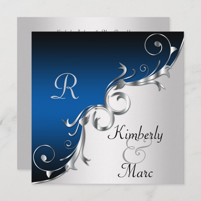 Elegant Blue and Silver Wedding Invitation (Front/Back)