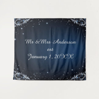 Elegant Blue and Silver Wedding Photo Backdrop Tapestry