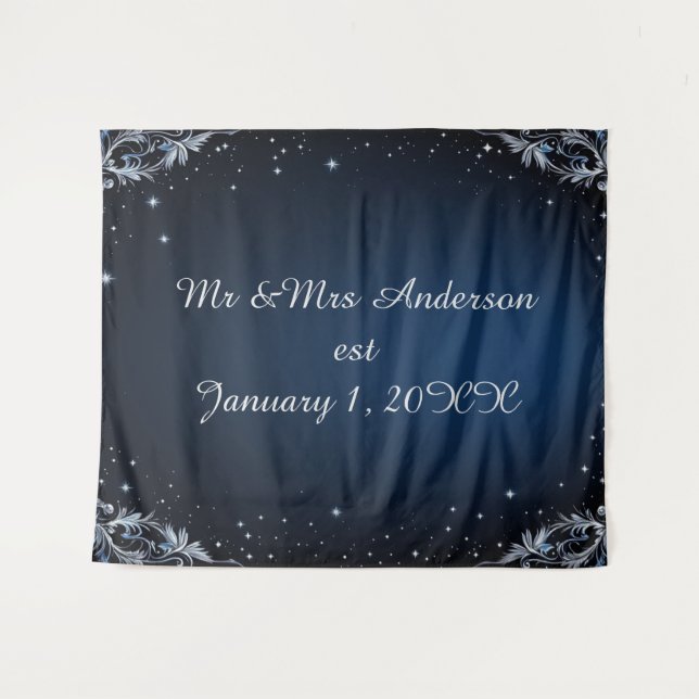 Elegant Blue and Silver Wedding Photo Backdrop Tapestry (Front (Horizontal))