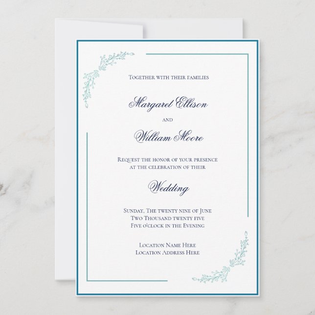 Elegant Blue and Teal Blossoms Wedding Invitation (Front)
