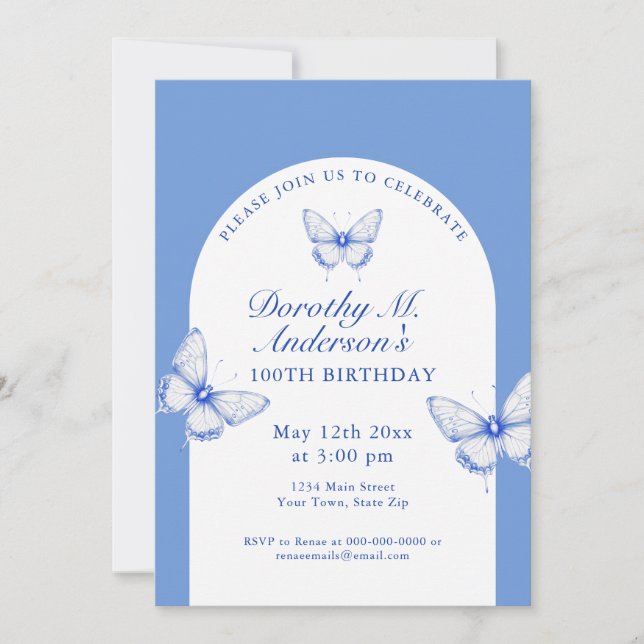 Elegant Blue and White 100th Birthday Party  Invitation (Front)
