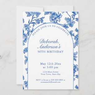 Elegant Blue and White 50th Birthday Party Invitation