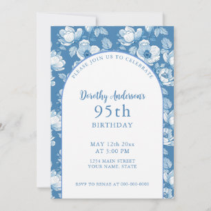 Elegant Blue and White 95th Birthday Party Invitation