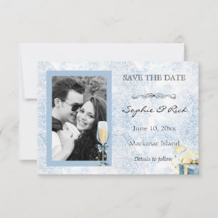 Elegant Blue and White Champagne Save the Date