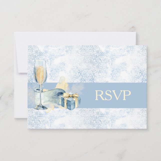 Elegant Blue and White Champagne Wedding RSVP (Front)