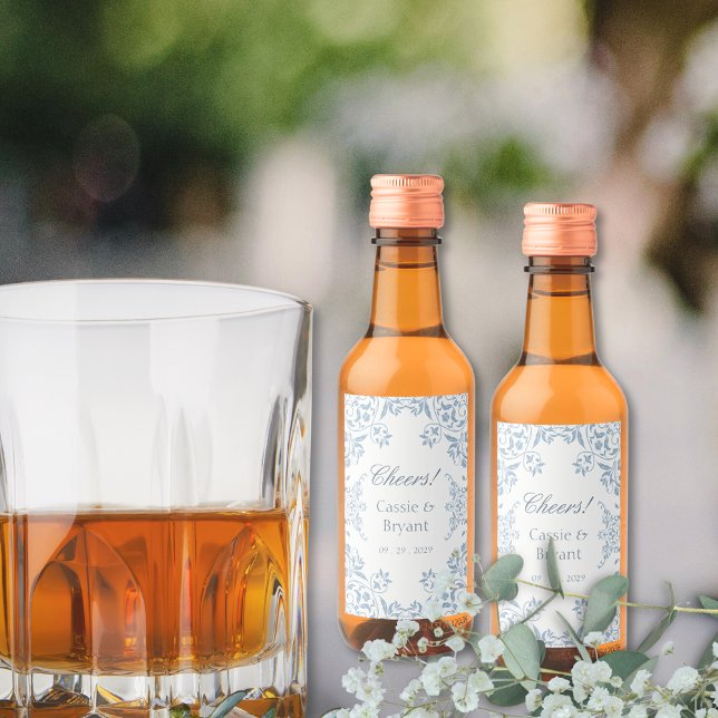 Elegant Blue and White Cheers Stylish Wedding Wine Label (vintage elegant blue and white wedding liquor bottle labels for mini cocktails for bachelor party)