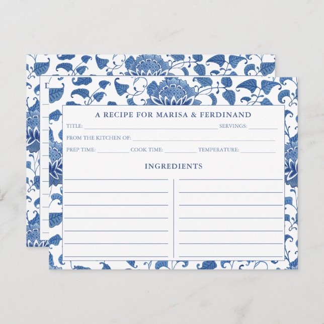 Elegant Blue And White China Pattern Recipe Card (Front/Back)
