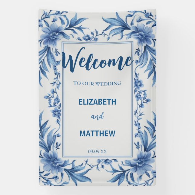 Elegant blue and white Chinoiserie antique Wedding Banner (Vertical)