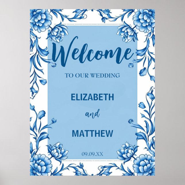 Elegant blue and white Chinoiserie antique Wedding Poster (Front)