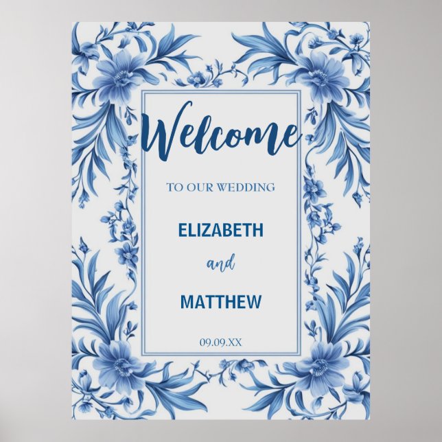 Elegant blue and white Chinoiserie antique Wedding Poster (Front)