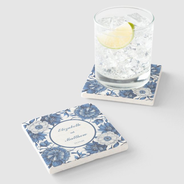 Elegant blue and white Chinoiserie antique Wedding Stone Coaster (Side)
