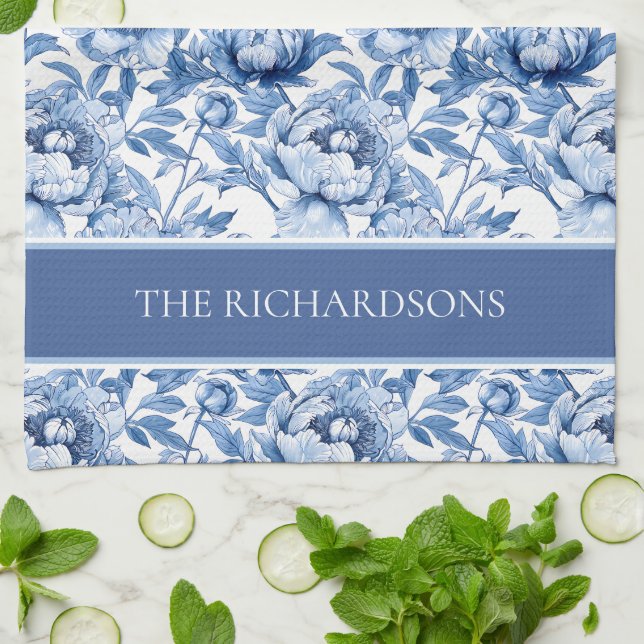 Elegant Blue and White Chinoiserie Floral Pattern Tea Towel (Folded)