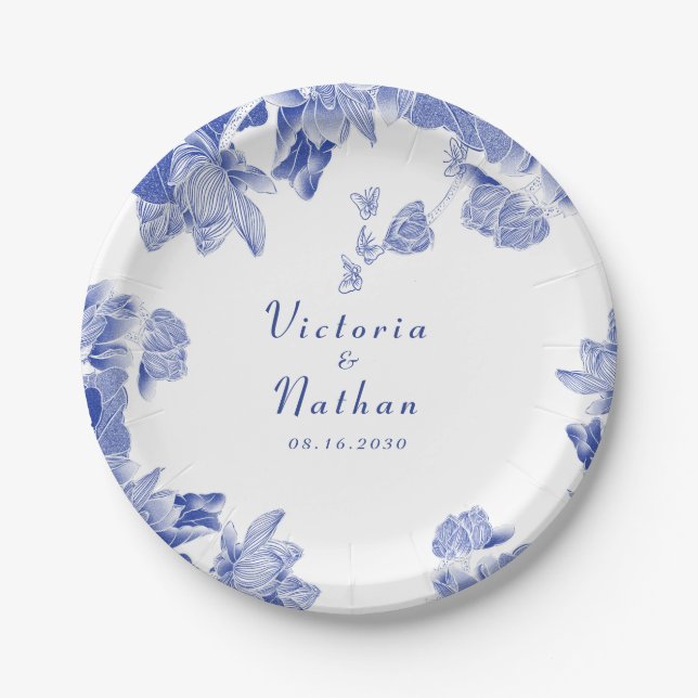Elegant Blue and White Chinoiserie Floral Wedding Paper Plate (Front)