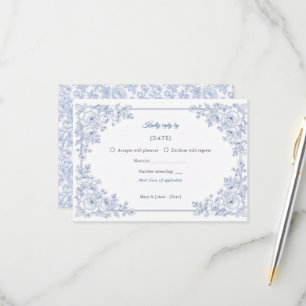 Elegant Blue and White Chinoiserie Floral Wedding RSVP Card