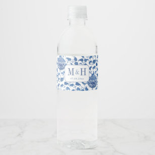 Elegant Blue And White Chinoiserie Wedding Party Water Bottle Label