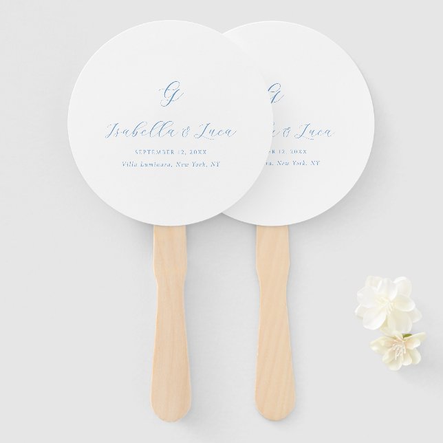 Elegant Blue and White Coastal Chic Wedding Hand Fan (Front and Back)