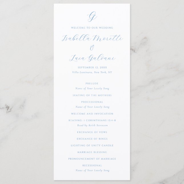 Elegant Blue and White Coastal Chic Wedding Programme (Front)