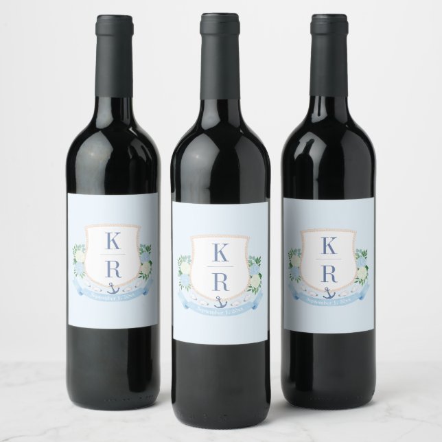 Elegant Blue And White Coastal Wedding Monogram Wine Label (Bottles)