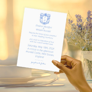 Elegant Blue and White Crest Monogram Wedding  Invitation