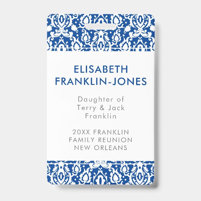Elegant Blue and White Damask Family Reunion ID Badge (Front)
