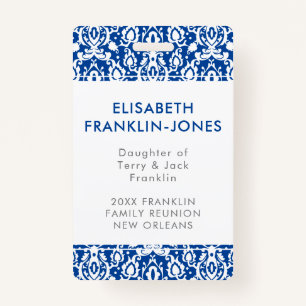 Elegant Blue and White Damask Family Reunion ID Badge