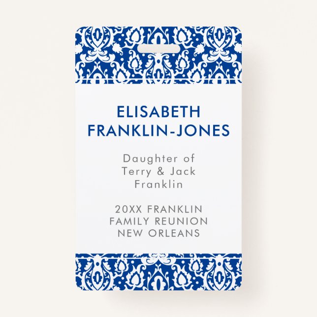 Elegant Blue and White Damask Family Reunion ID Badge (Front)