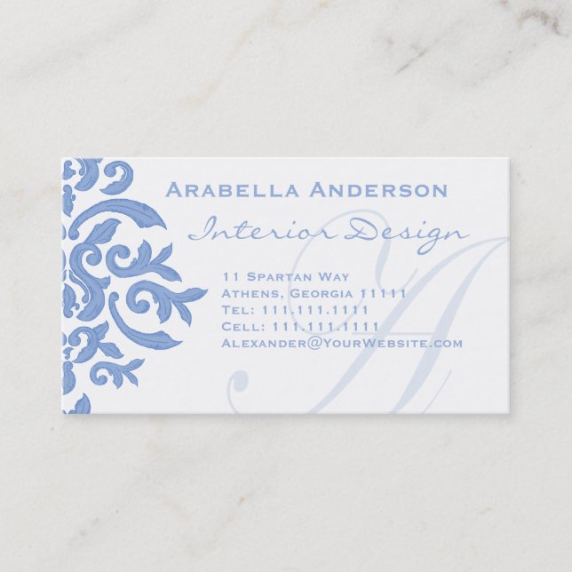 Elegant Blue and White Damask Letter A Business Card (Front)