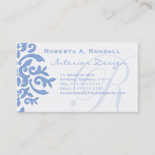 Elegant Blue and White Damask Letter R Business Card