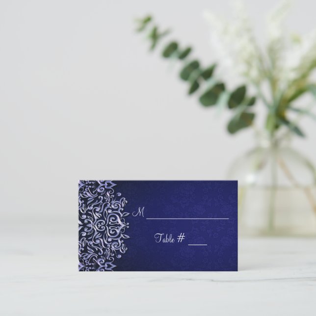 Elegant Blue and White Damask Winter Wedding Place Card (Standing Front)
